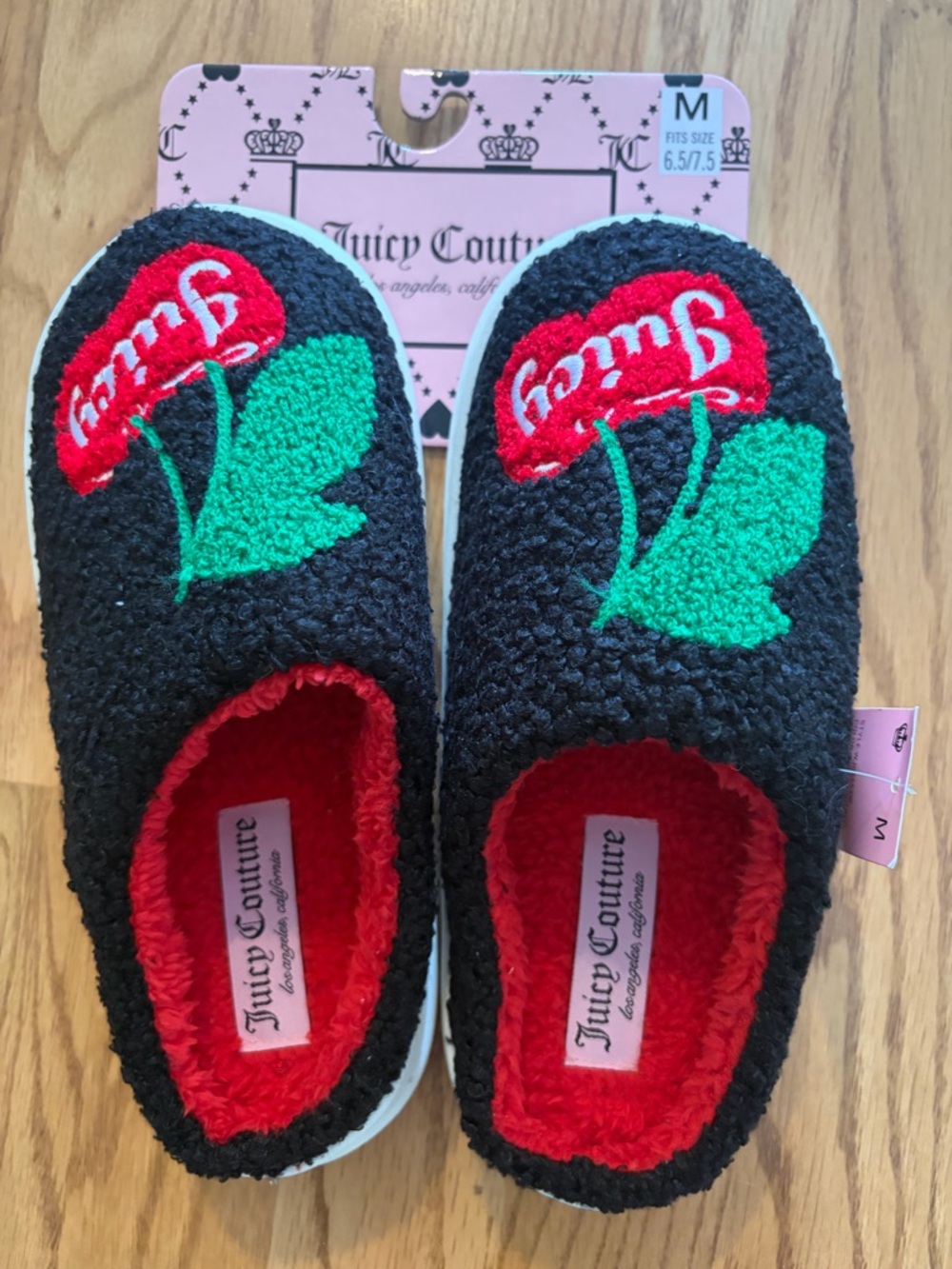 Juicy Couture Black Slippers with Red Cherry Embroidery